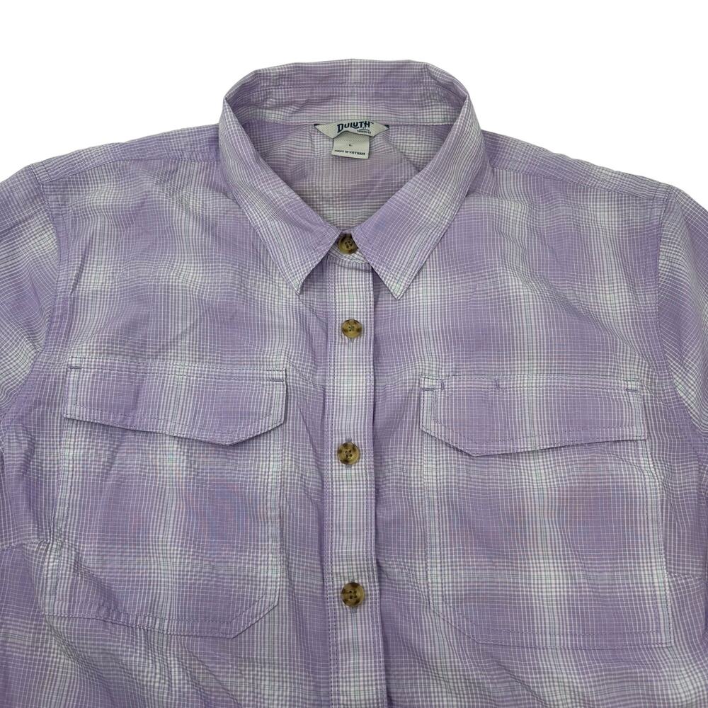 Duluth Trading Womens Large Purple Plaid Short Sleeve‎ Button Up Shirt